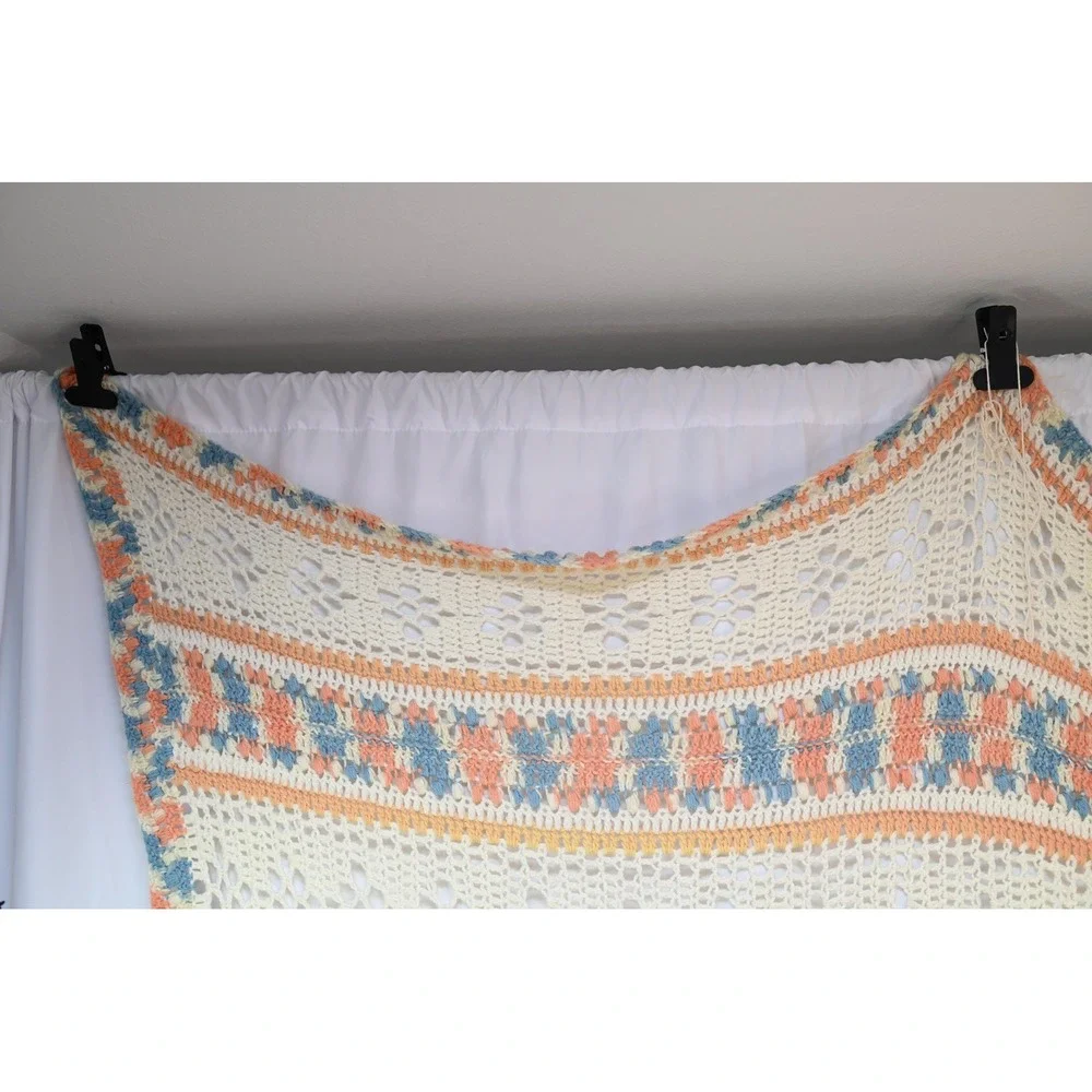 Vintage Cream, Pink and Blue Crochet Blanket 70